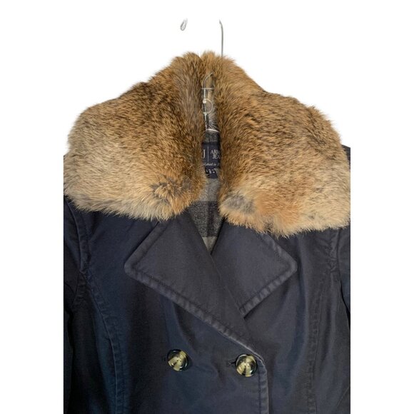 ARMANI JEANS Navy Blue Double-Breasted Fur-Lined Collar Women's Jacket Size 4 - Picture 2 of 9
